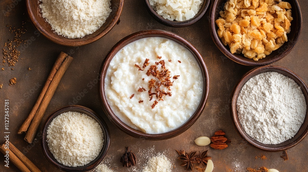Rice pudding ingredients artistic arrangement on a rustic brown background showcasing rice, nuts, and spices in decorative bowls Rice pudding ingredients artistic arrangement on a rustic brown background showcasing rice, nuts, and spices in decorative bowls