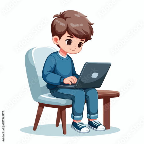 a boy is using his laptop vector