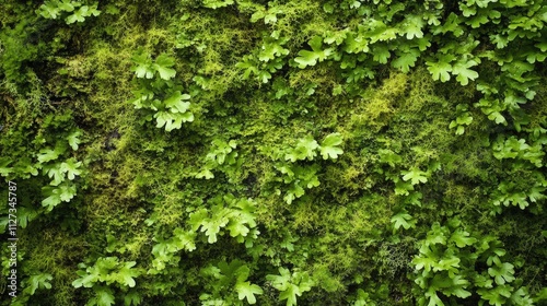 Lush green moss and fern texture creating a vibrant natural backdrop in a tranquil forest environment