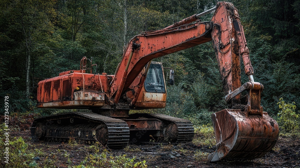 Rusty excavator abandoned in a quarry surrounded by lush greenery showcasing aging machinery and nature reclaiming the landscape Rusty excavator abandoned in a quarry surrounded by lush greenery showcasing aging machinery and nature reclaiming the landscape