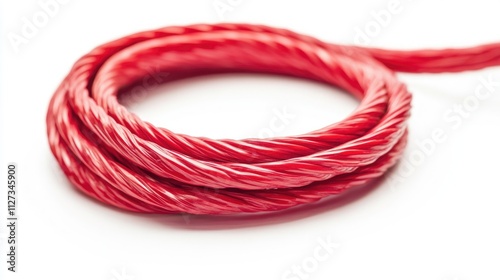 Coiled red cable on a white background showcasing flexibility and texture ideal for design and technology concepts