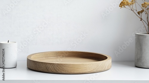 Vertical picture frame mockup with round wooden tray and candleholder on minimalist working desk in Scandinavian style interior decor.