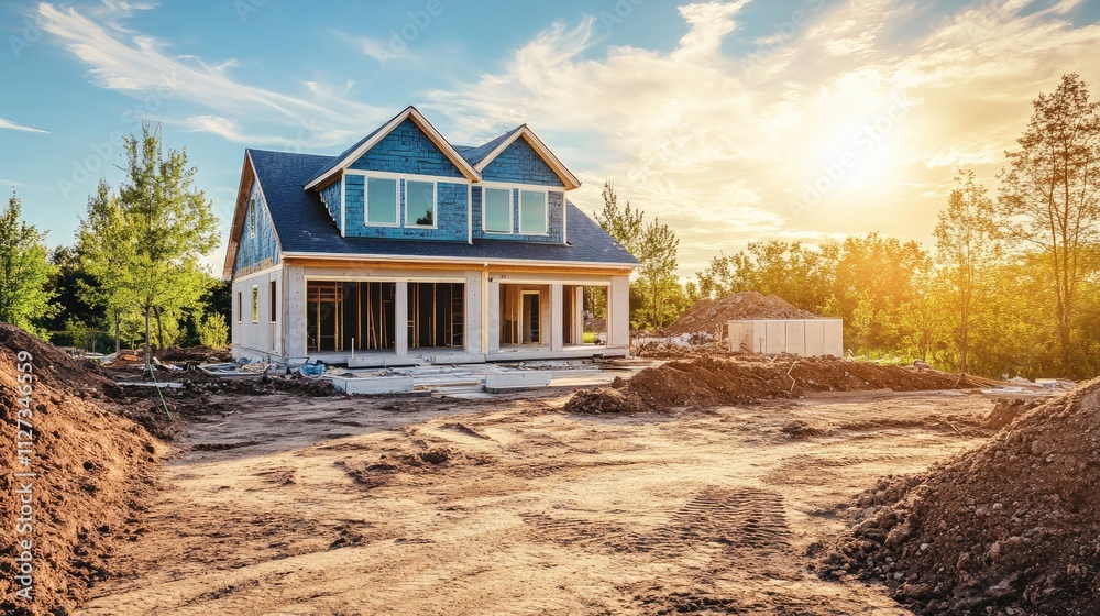 Modern Home Renovation Construction Design with Blueprints and Landscape at Sunset Modern Home Renovation Construction Design with Blueprints and Landscape at Sunset