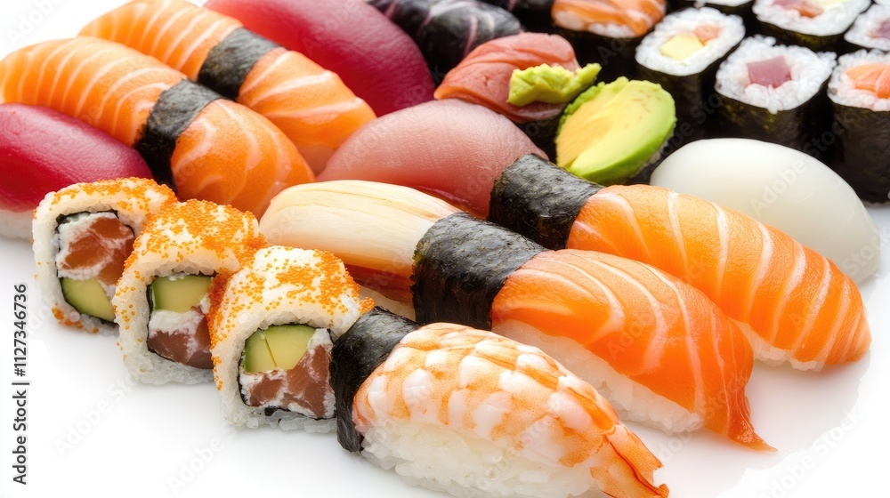 Assorted Sushi Platter featuring Maki Nigiri Salmon Tuna Eel and Avocado Rolls Isolated on White Background