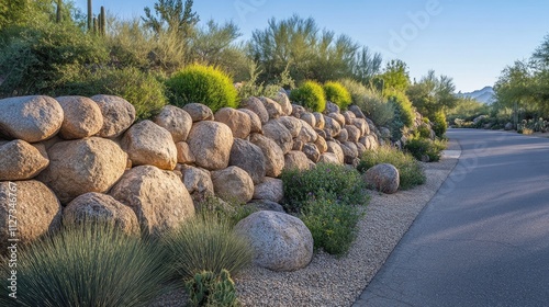 Scenic low retaining wall made of large boulders alongside a tranquil road surrounded by desert vegetation in a natural landscape setting