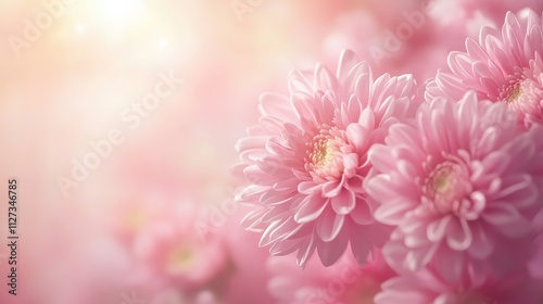 Gentle pink chrysanthemums in soft focus creating a serene autumnal garden background showcasing vibrant fall floral beauty