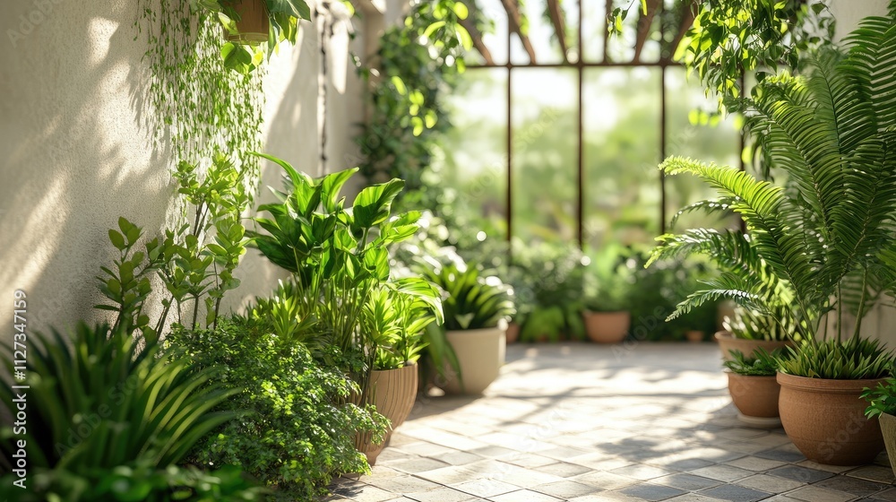 Lush green plants in terracotta pots set in a sunlit Andalusian patio with a pergola creating a serene garden atmosphere Lush green plants in terracotta pots set in a sunlit Andalusian patio with a pergola creating a serene garden atmosphere
