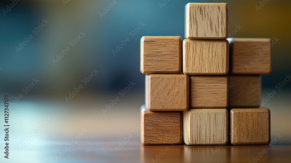 Team building concept represented by wooden cubes arranged to symbolize leadership and collaboration in a corporate environment