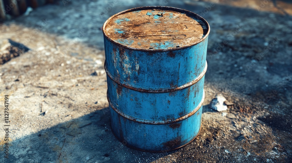 Rustic blue metal barrel for industrial use, designed for storing gasoline or diesel fuel in outdoor environments. Rustic blue metal barrel for industrial use, designed for storing gasoline or diesel fuel in outdoor environments.