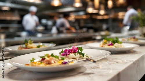 Close-Up of Plated Gourmet Dishes on a Marble Counter in a Restaurant, Chefs Preparing Food in the Background