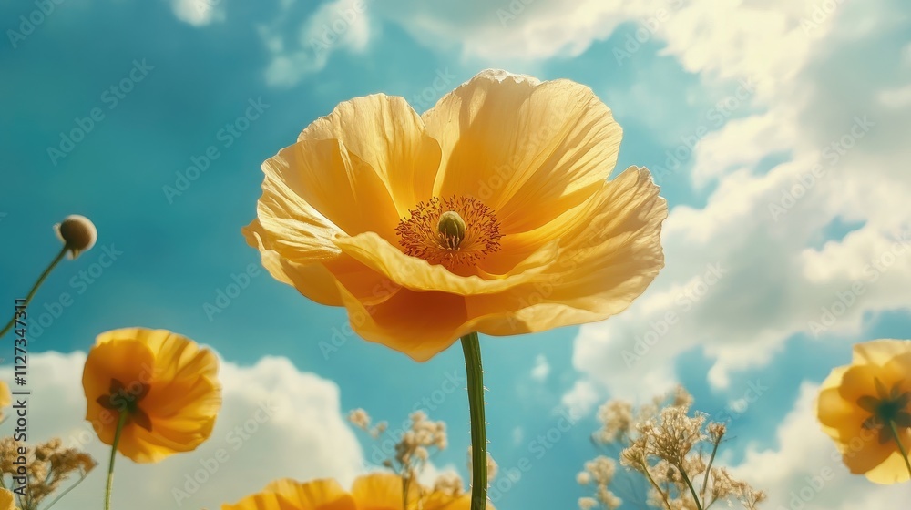 Obraz premium Vibrant yellow flower under a bright blue sky with fluffy clouds showcasing nature's beauty and tranquility in a sunny landscape.