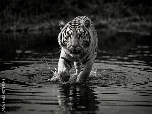 Black and white portrait of a tiger on a black background. photo