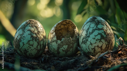 Fototapeta Naklejka Na Ścianę i Meble -  Hatchlings emerging from dinosaur eggs in a lush prehistoric environment with a focus on texture and nature's beauty