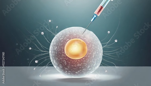 Realistic Illustration of In Vitro Fertilization Process Fertilized Egg Cell and Needle, Depicting Advanced Techniques in Reproductive Medicine and IVF Technology for Enhanced Fertility Treatments photo