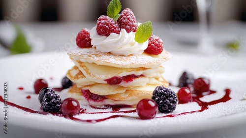 Homemade pancakes layered with whipped cream and fresh berries including raspberries blackberries and currants served on a white plate