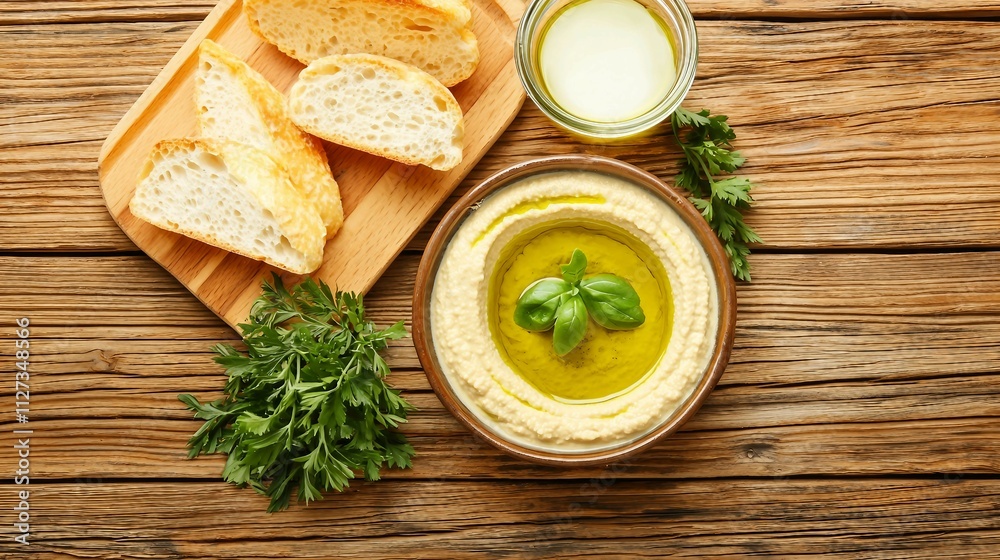 Fresh Hummus with Olive Oil, Bread Slices and Green Herbs on Wood Fresh Hummus with Olive Oil, Bread Slices and Green Herbs on Wood