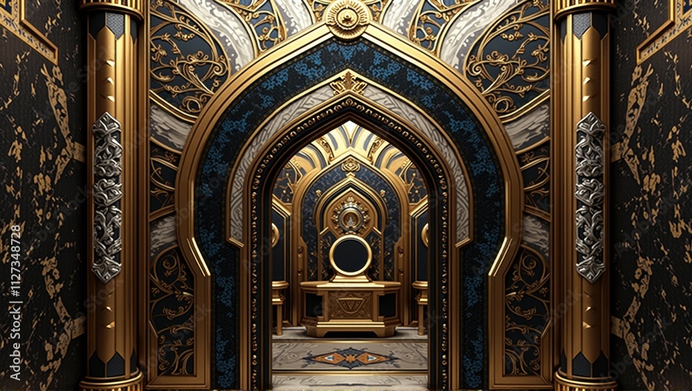 Fototapeta premium Luxurious ornamental gold and black pattern featuring intricate geometric shapes, metallic textures, and elegant details, perfect for architectural and artistic inspiration. Generative, AI