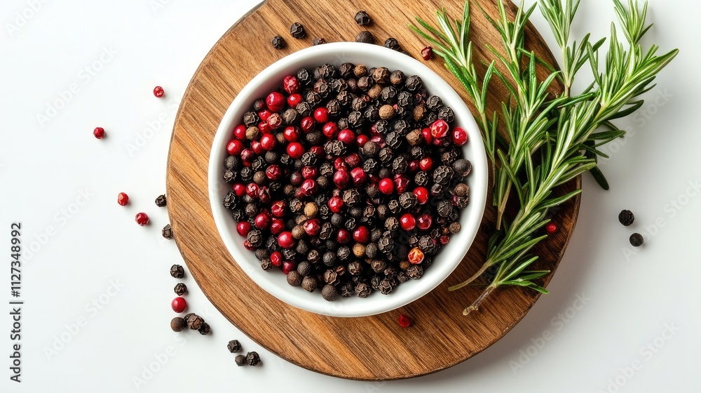 Assorted red and black pepper in a white dish with fresh rosemary on a wooden board top view culinary theme