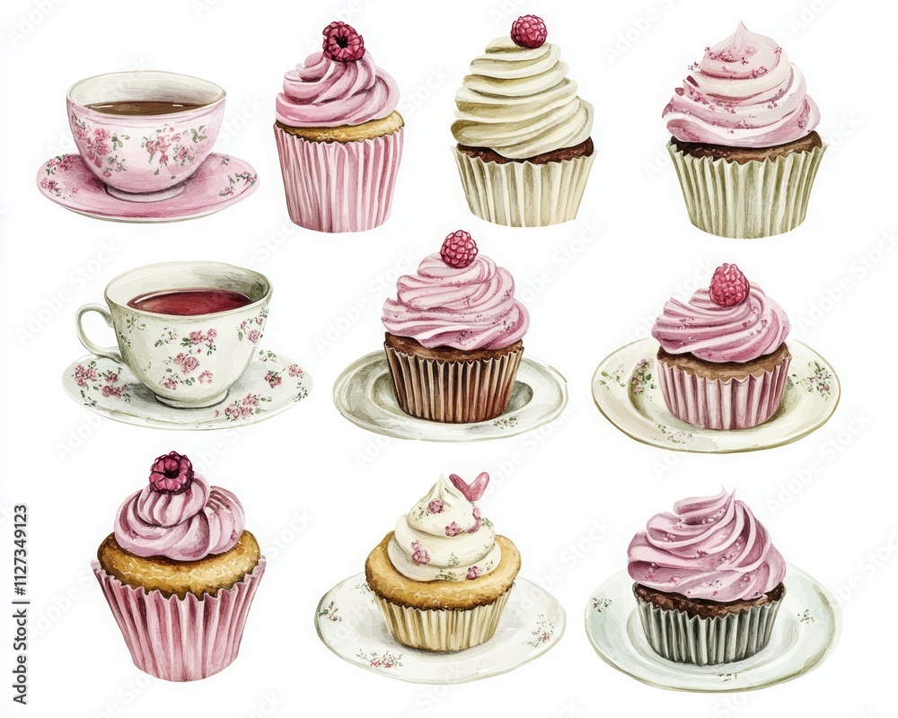 Cupcakes, cakes, and teacups set in a watercolor style isolated on a white background Cupcakes, cakes, and teacups set in a watercolor style isolated on a white background