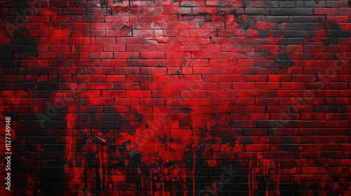 Red brick wall with abstract red and black paint splashes creating a vibrant textured background for creative projects and designs