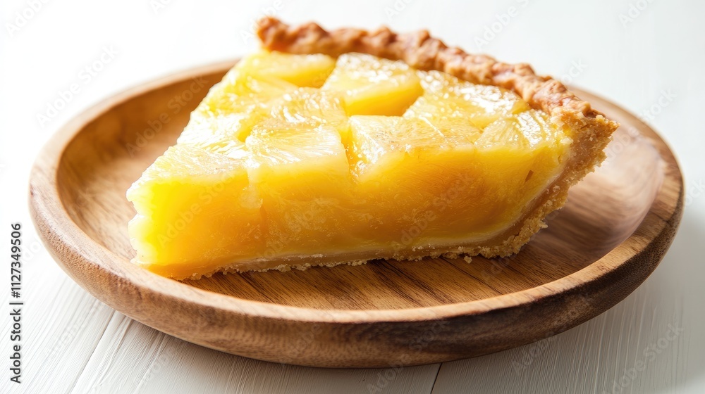 Pineapple pie slice on wooden plate showcasing vibrant filling against a clean white background. Pineapple pie slice on wooden plate showcasing vibrant filling against a clean white background.