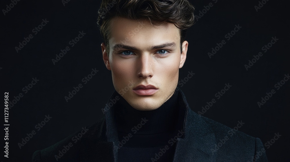 Young man with stylish haircut in fashionable attire against dark background showcasing men's beauty and modern fashion aesthetics. Young man with stylish haircut in fashionable attire against dark background showcasing men's beauty and modern fashion aesthetics.