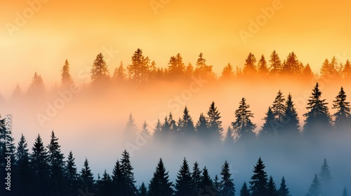 Golden mist rising over layers of pine trees at sunrise