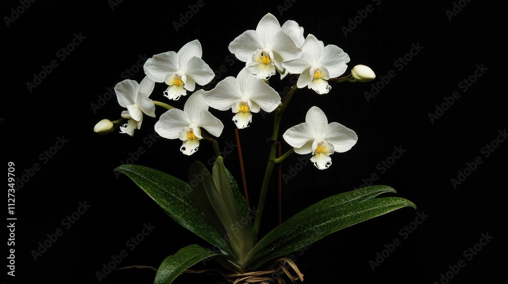 Fototapeta premium White Phalaenopsis Orchid Bouquet Against Black Background Elegant Floral Arrangement