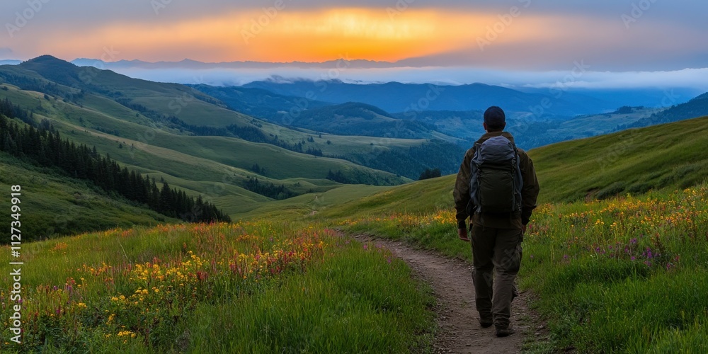 Hiker exploring a lush mountain trail at sunset