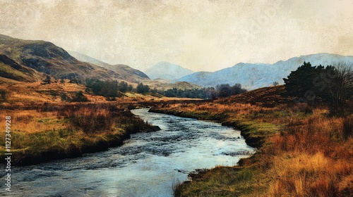 Tranquil river meandering through a serene valley with rolling hills and autumn-colored landscape under a soft sky.