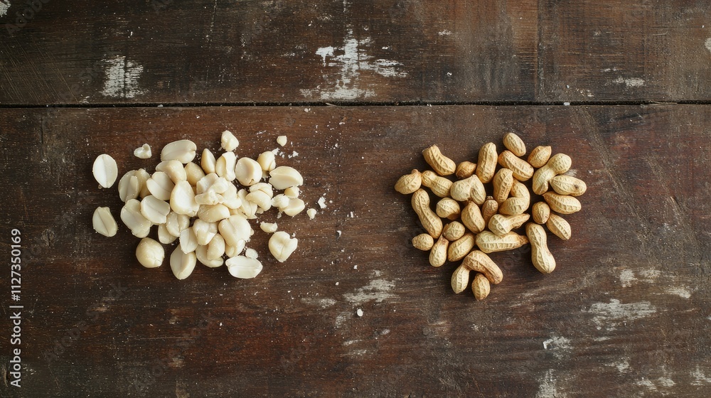 Peeled and unpeeled peanuts arranged on rustic wooden table showcasing natural textures and colors in a culinary setting Peeled and unpeeled peanuts arranged on rustic wooden table showcasing natural textures and colors in a culinary setting