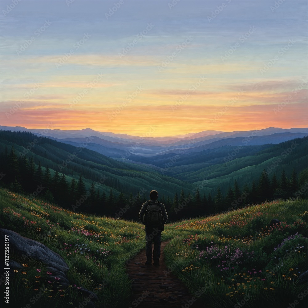 Serene sunset over mountain valley with hiker on trail Serene sunset over mountain valley with hiker on trail