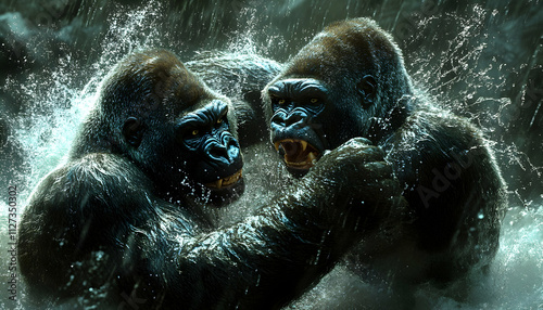 Two gorillas wrestling in water, splashing. photo