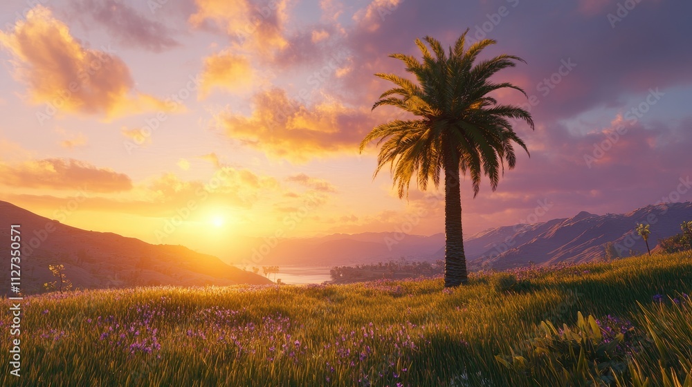 Lone palm tree silhouetted against a vibrant sunset sky over lush hills and a tranquil water body during golden hour. Lone palm tree silhouetted against a vibrant sunset sky over lush hills and a tranquil water body during golden hour.