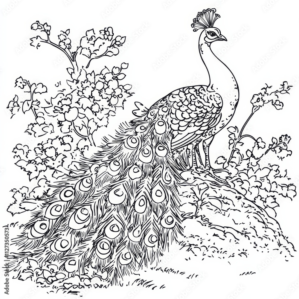 Fototapeta premium Peacock Illustration: A detailed line drawing of a majestic peacock in a serene garden setting, capturing the intricate beauty and elegance of this captivating creature.