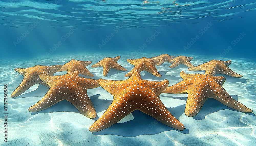Underwater scene of multiple orange starfish on a sandy ocean floor. Underwater scene of multiple orange starfish on a sandy ocean floor.