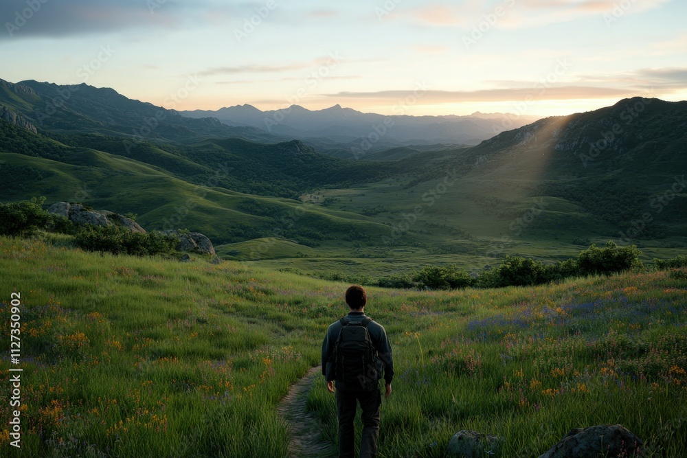 Fototapeta premium Hiker exploring a serene valley at sunset in the mountains