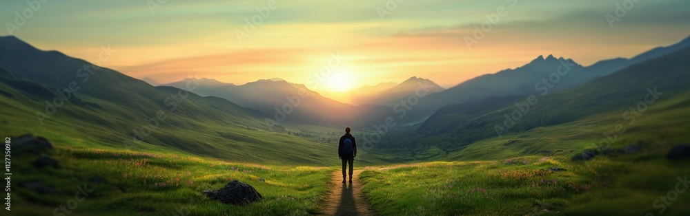 Sunrise trek in a serene valley with mountain backdrop Sunrise trek in a serene valley with mountain backdrop