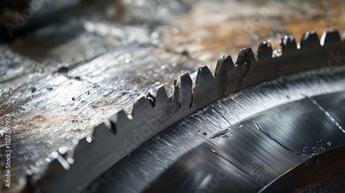 Close up of a metal saw blade showcasing teeth and surface texture in a workshop setting highlighting industrial craftsmanship and precision. photo