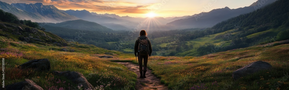 Walking through a tranquil valley during sunrise in nature Walking through a tranquil valley during sunrise in nature