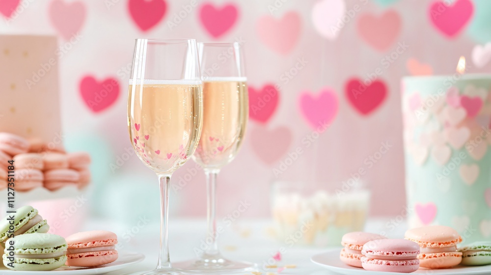Two glasses of bubbly on a dessert table with macarons and a backdrop featuring pastel heart garlands Two glasses of bubbly on a dessert table with macarons and a backdrop featuring pastel heart garlands