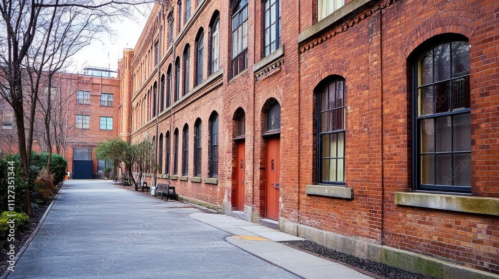 Historic red brick architecture in urban setting showcasing industrial design and charm of vintage buildings along a quiet pathway Historic red brick architecture in urban setting showcasing industrial design and charm of vintage buildings along a quiet pathway