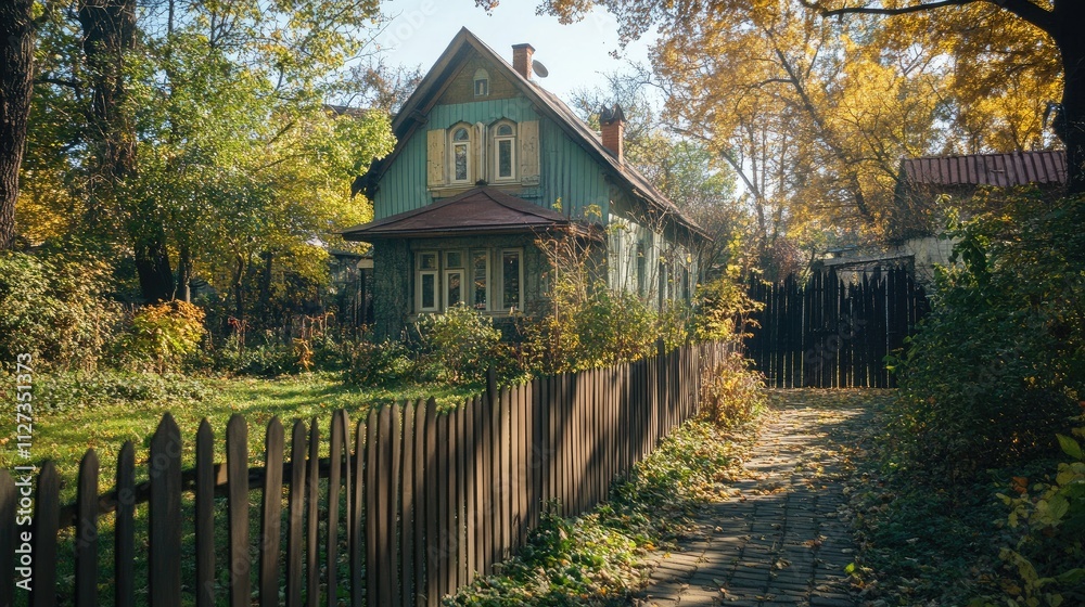 Quaint rustic house surrounded by protective wooden fence in serene autumn landscape with vibrant foliage. Quaint rustic house surrounded by protective wooden fence in serene autumn landscape with vibrant foliage.