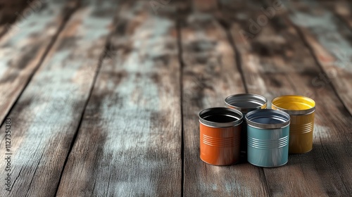 open paint cans in various colors on rustic wooden surface with palette creating a creative and artistic atmosphere photo