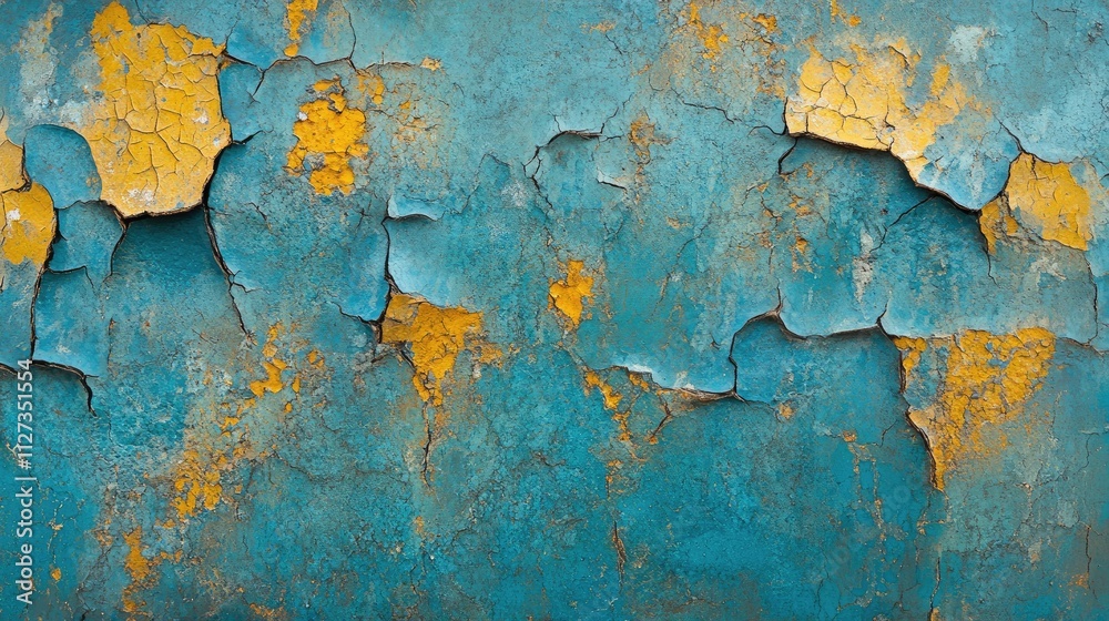 Fototapeta premium Weathered concrete wall with cracked peeling paint in turquoise and gold hues Ideal for textured background and design inspiration