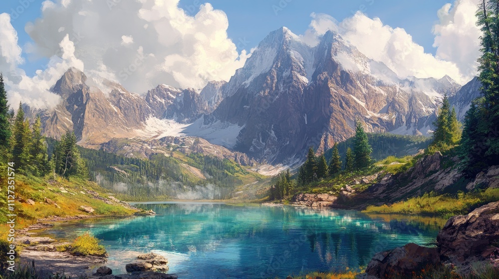 Naklejka premium Serene mountain lake reflecting majestic snow-capped peaks under a bright sky.