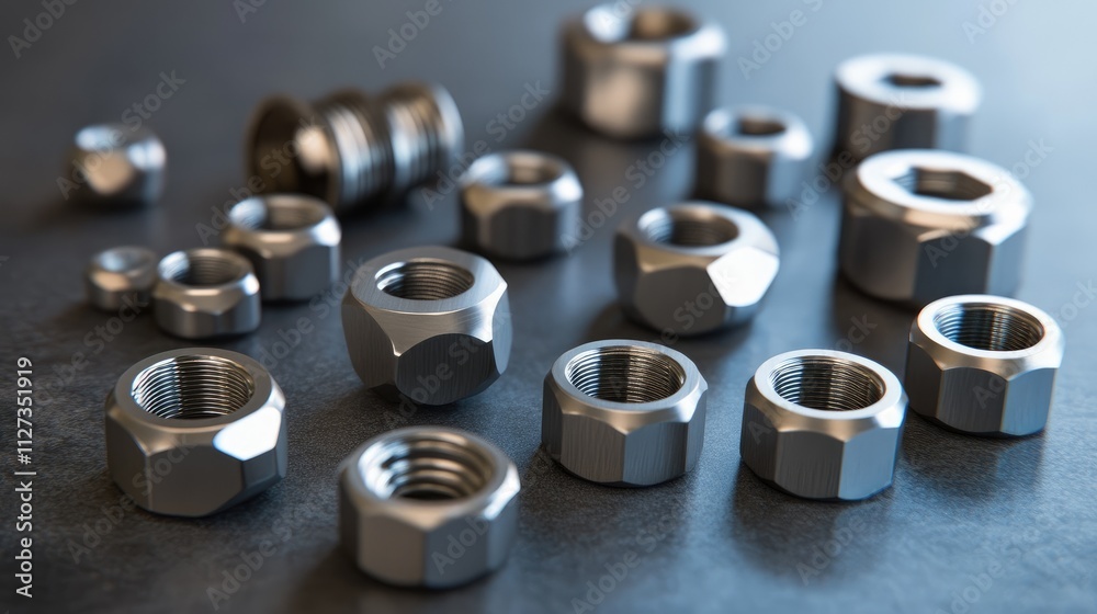 Assorted stainless steel nuts in various sizes showcasing mechanical precision on a dark background Assorted stainless steel nuts in various sizes showcasing mechanical precision on a dark background