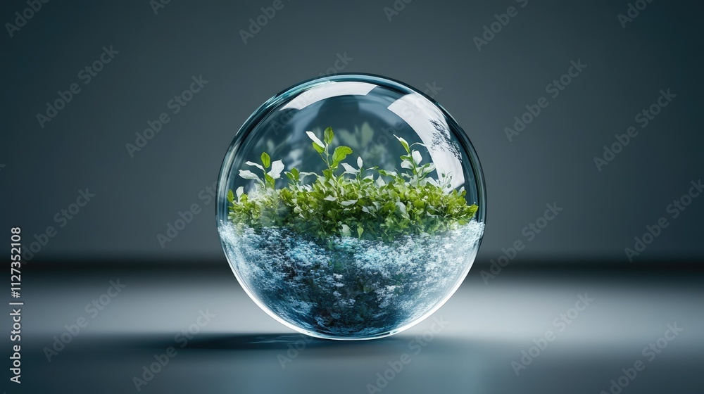 Globe Glass Sphere with Green Plants Symbolizing Circular Economy and Sustainable Development for Environmental Protection and Renewable Energy