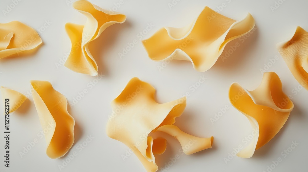 Variety of cheese slices arranged artistically on a clean white background for culinary and food presentation concepts Variety of cheese slices arranged artistically on a clean white background for culinary and food presentation concepts