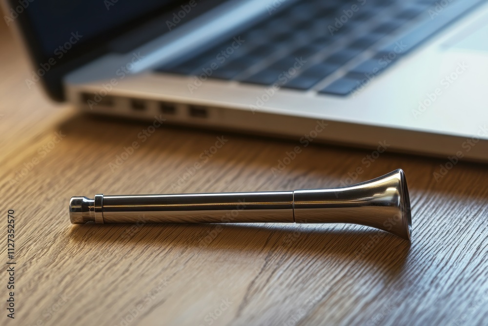Sleek Metal Whistle on Wooden Table by Laptop Sleek Metal Whistle on Wooden Table by Laptop